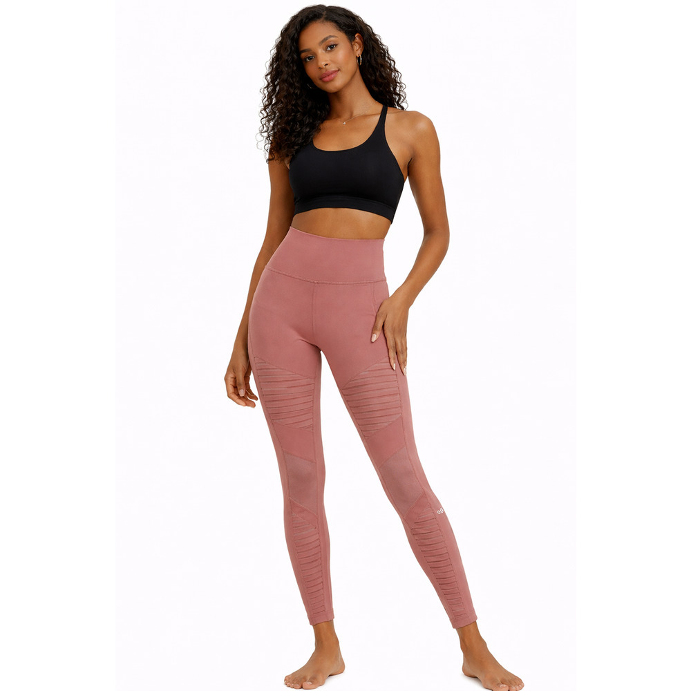 Alo Yoga Moto Leggings S Rosy Pink High Rise 7/8 Ribbed Athletic Gym